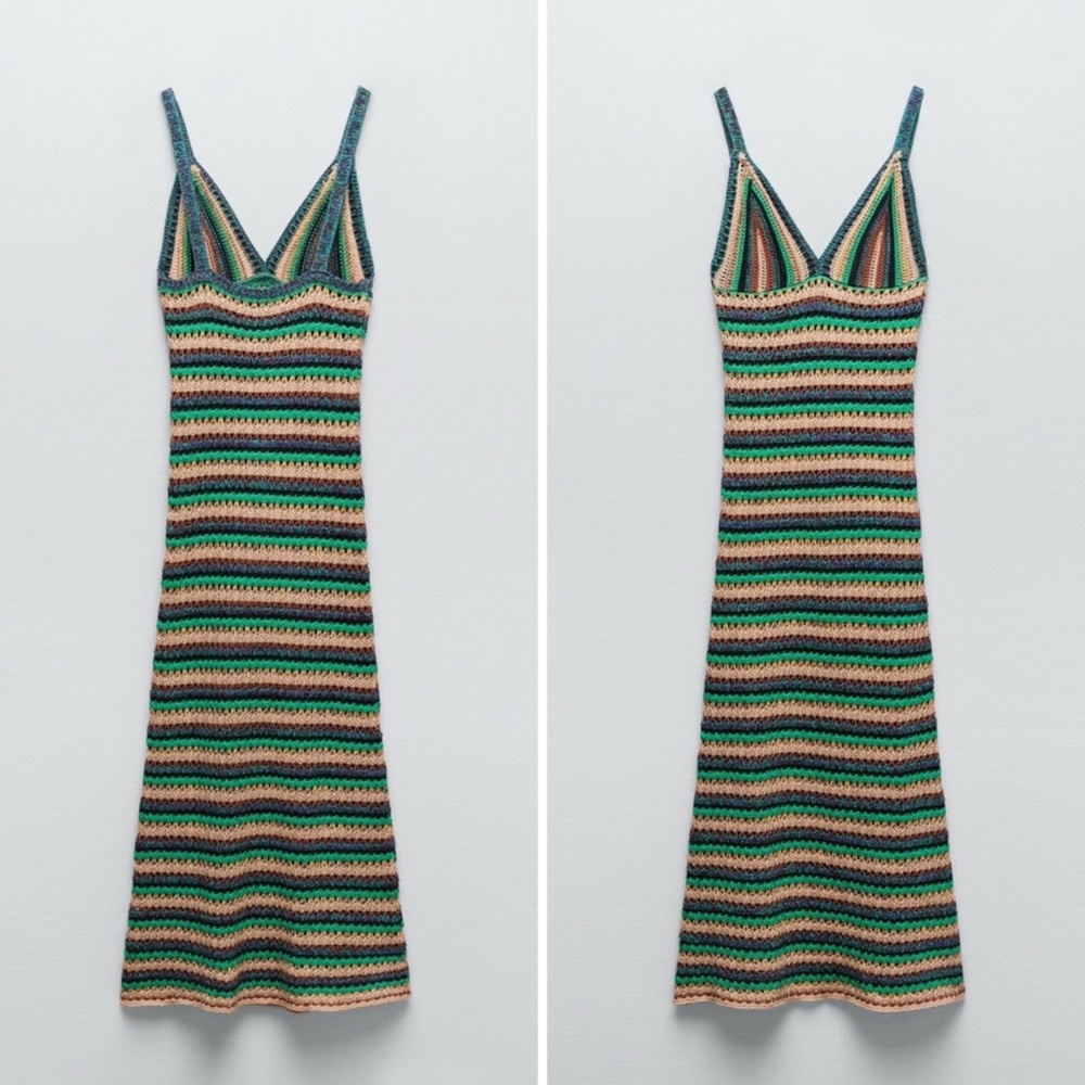 Zara Striped Crochet Maxi Dress in Green, Tan, Cream, Black - Picture 2 of 3